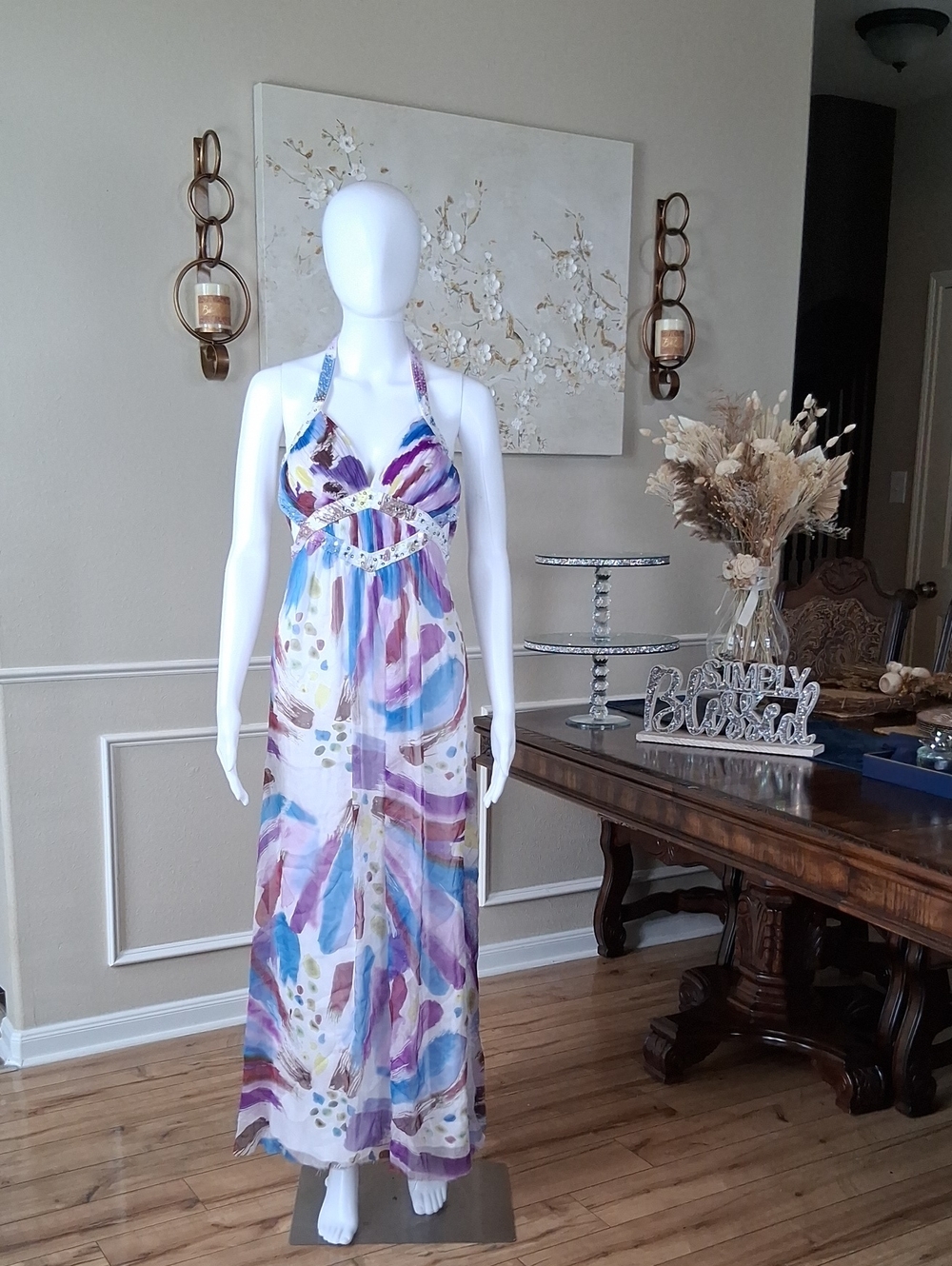 Women's Beaded Watercolor Halter Maxi Dress Formal Purple & Blue Size Small P